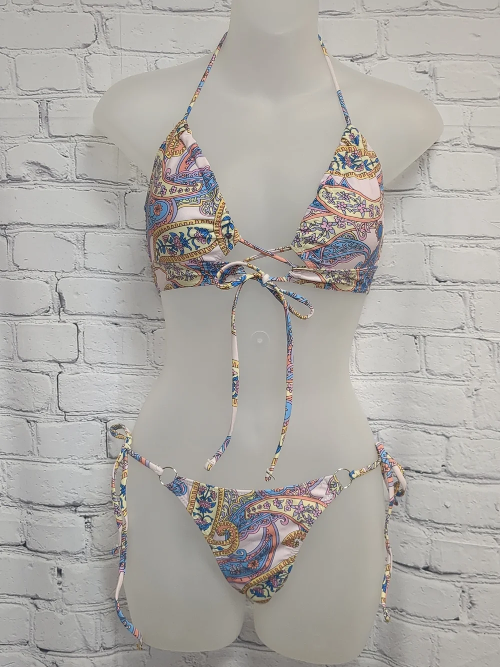 Paisley Print Triangle String Bikini - Pink, Blue & Yellow